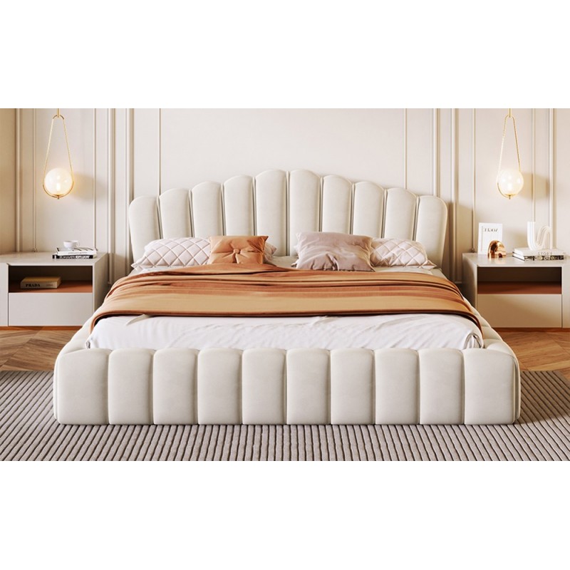 Velvet Upholstered Queen Bed Frame Floor Bed Shell-Shaped Headboard for Bedroom, Beige