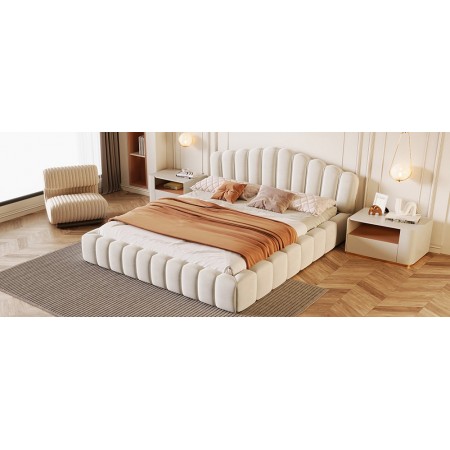 Velvet Upholstered Queen Bed Frame Floor Bed Shell-Shaped Headboard for Bedroom, Beige