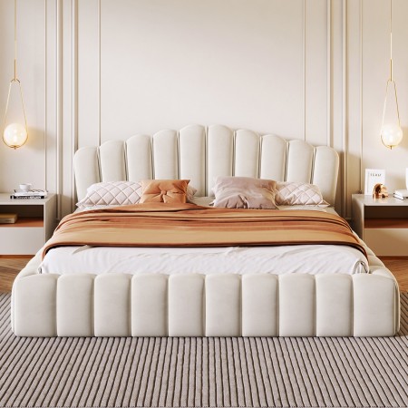 Velvet Upholstered Queen Bed Frame Floor Bed Shell-Shaped Headboard for Bedroom, Beige