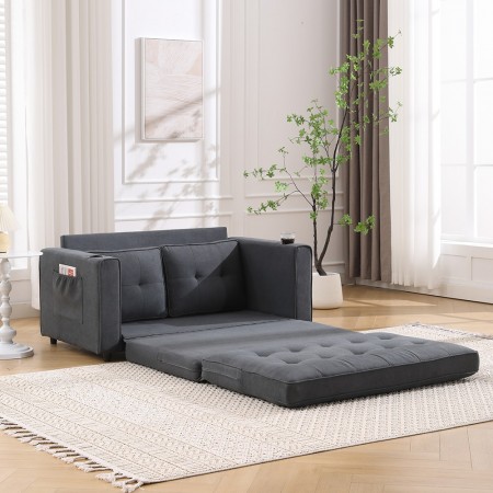 3-in-1 Upholstered Futon Sofa Bed W/Side Pockets and Cup Holder Dark Gray