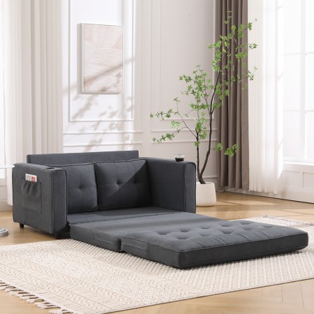 3-in-1 Upholstered Futon Sofa Bed W/Side Pockets and Cup Holder Dark Gray